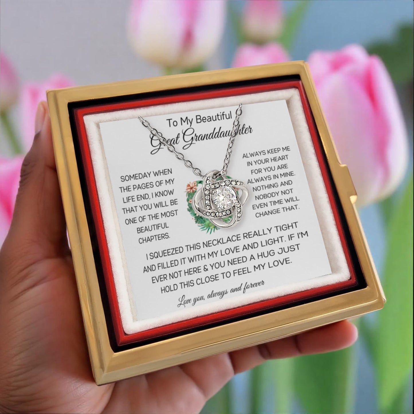 To My Beautiful Great Granddaughter - Always Keep Me In Your Heart - Love Knot with Rotating Rose Gift Box