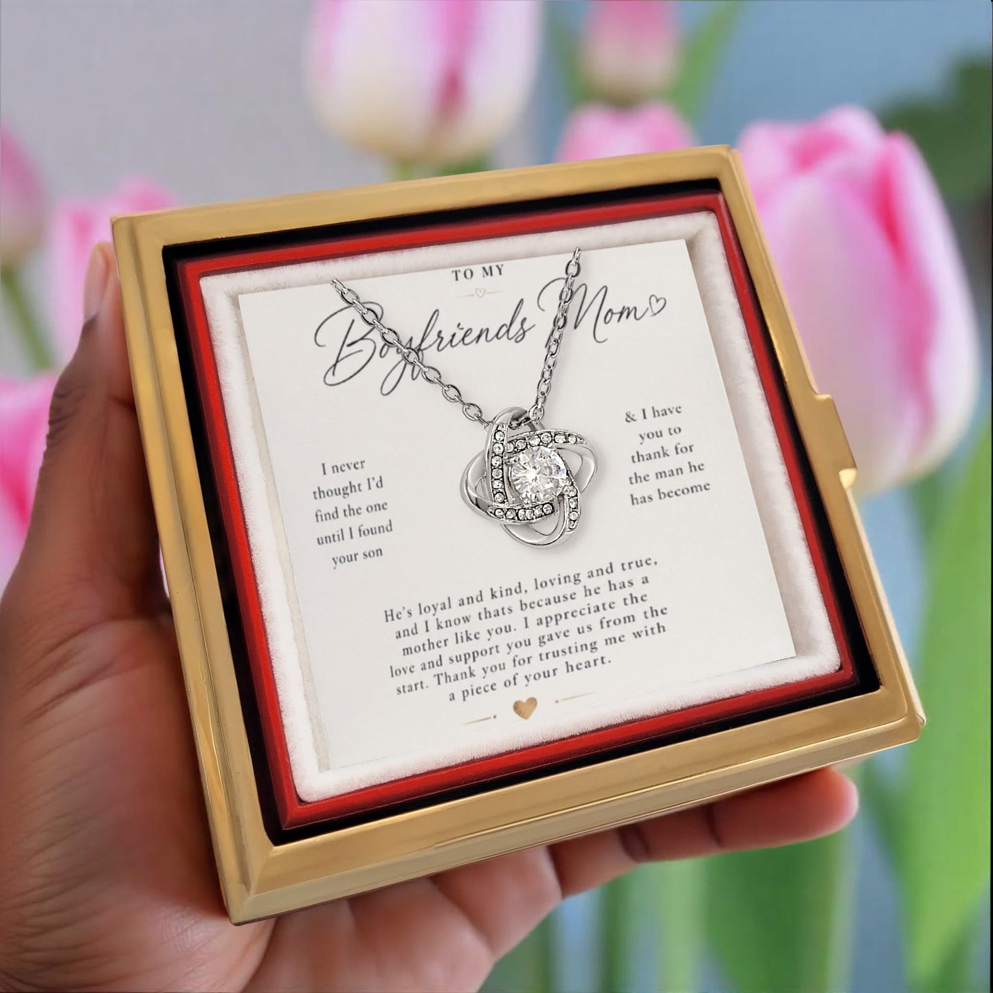 To My Boyfriends Mom - Thank You - Love Knot with Rotating Rose Gift Box