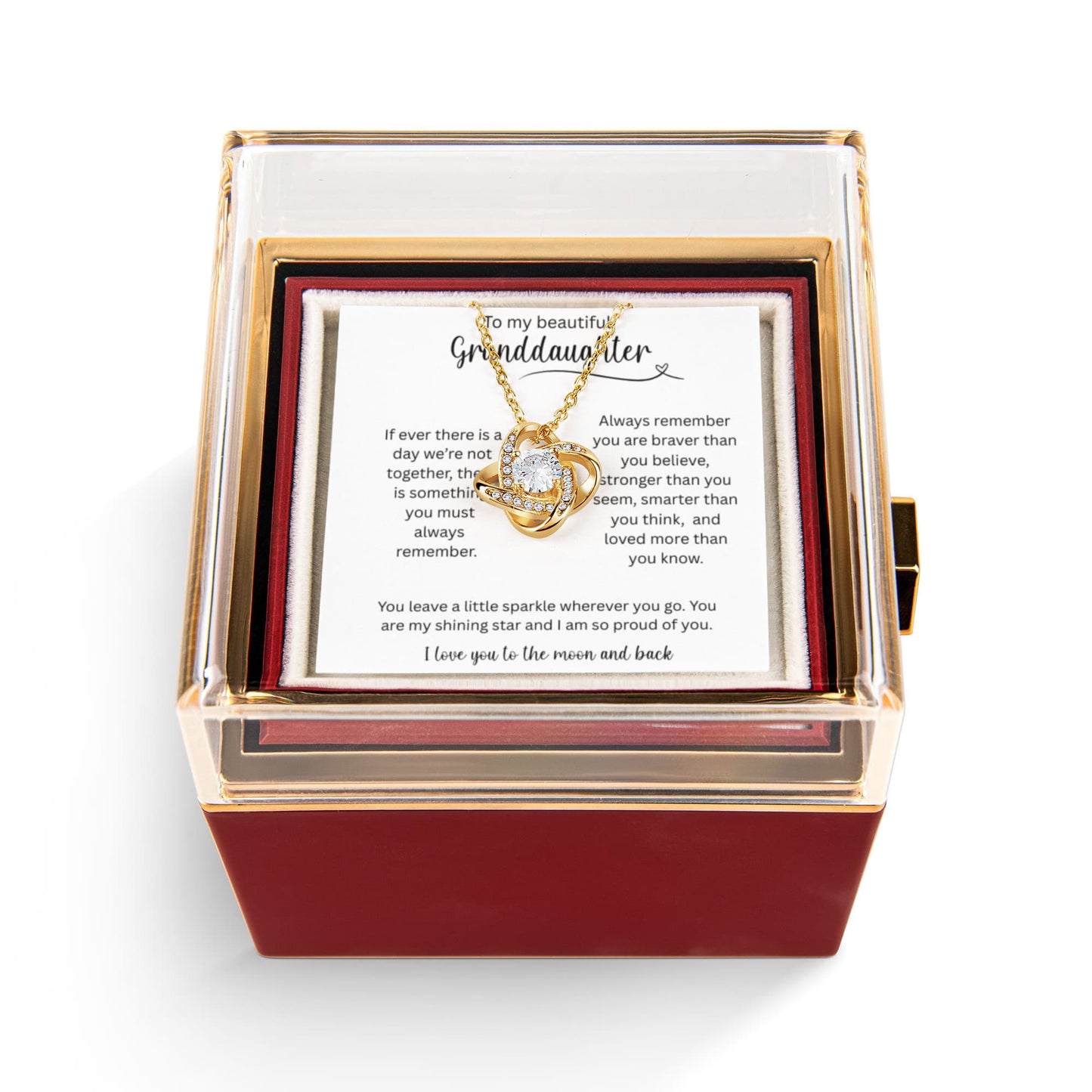 To My Beautiful Granddaughter - I Love You To The Moon And Back - Love Knot with Rotating Rose Gift Box