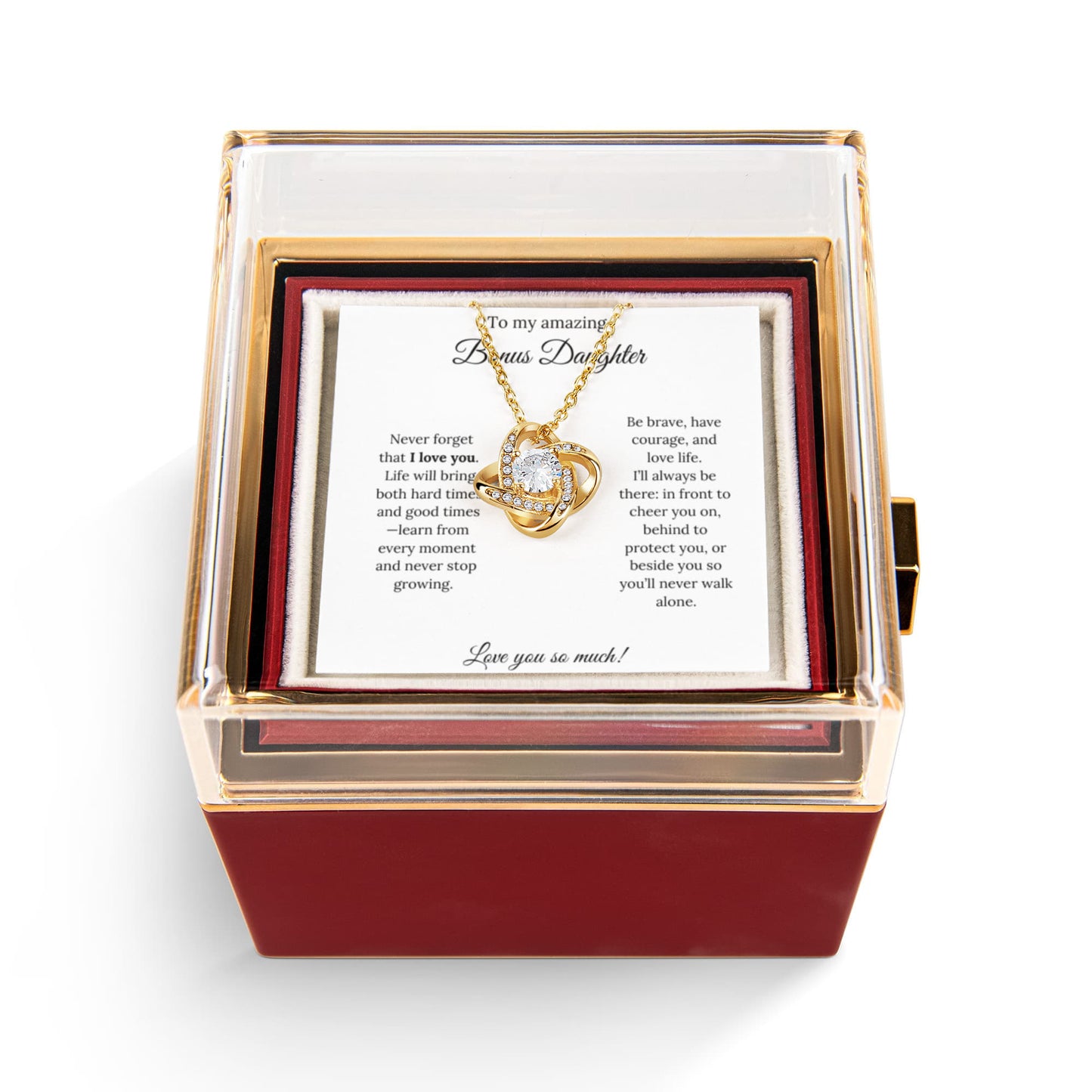 To My Amazing Bonus Daughter | Love You So Much | Love Knot with Rotating Rose Gift Box