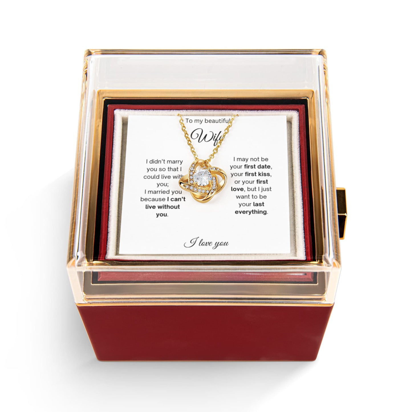 To My Beautiful Wife - I Love You - Love Knot with Rotating Rose Gift Box