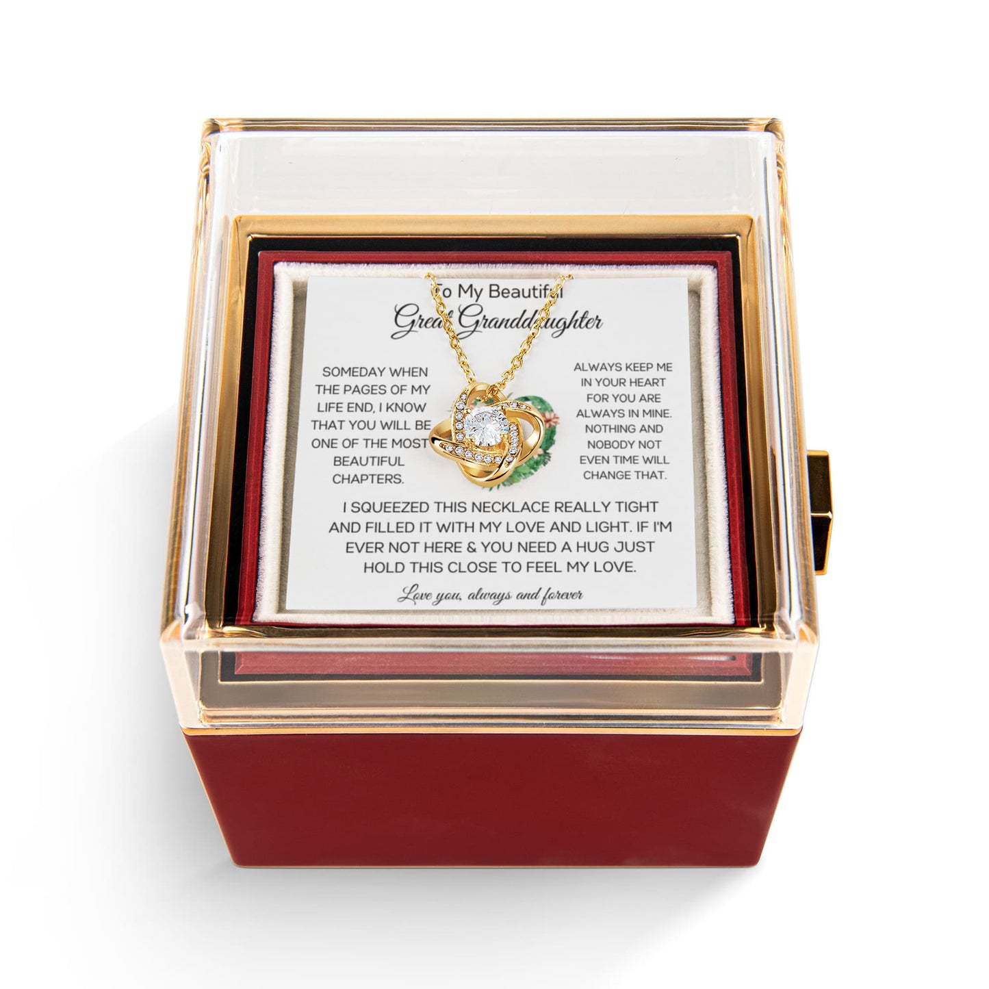 To My Beautiful Great Granddaughter - Always Keep Me In Your Heart - Love Knot with Rotating Rose Gift Box