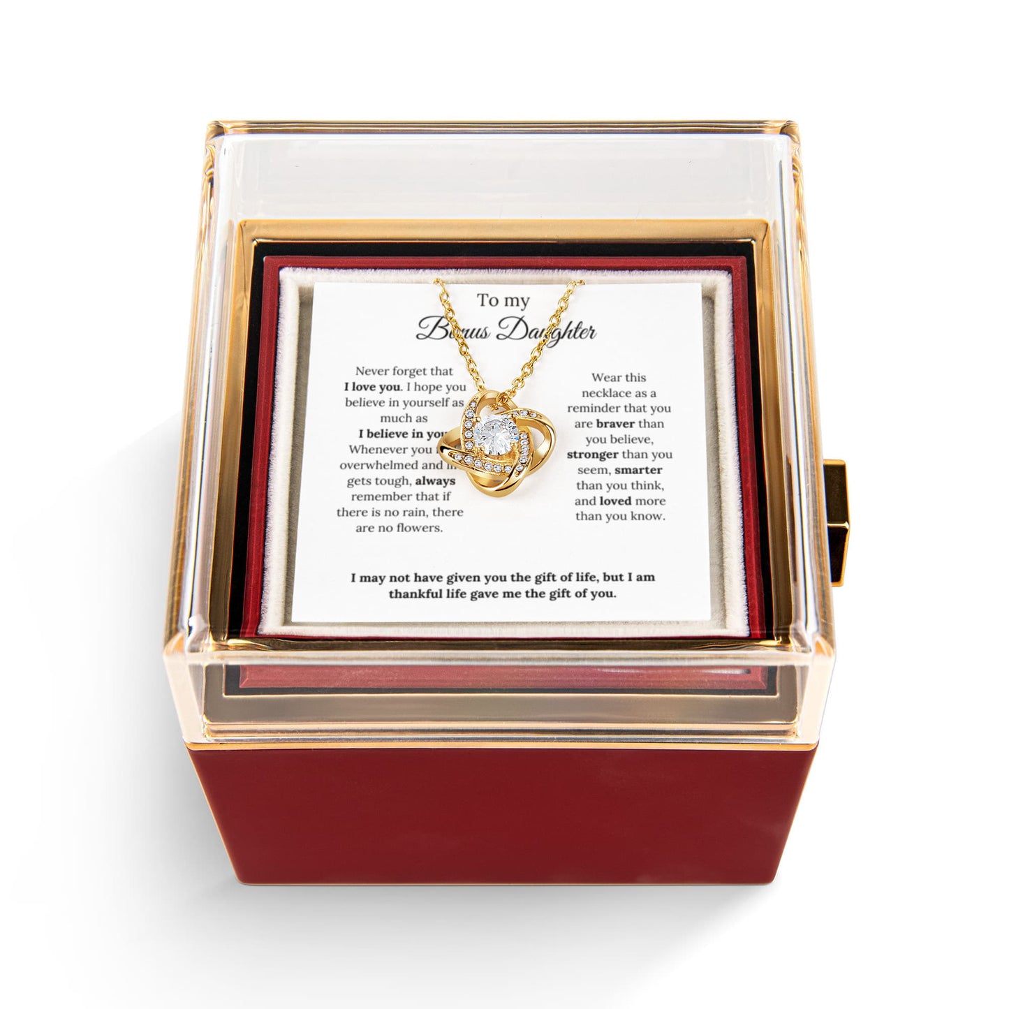 To My Bonus Daughter | Never Forget That I Love You | Love Knot with Rotating Rose Gift Box