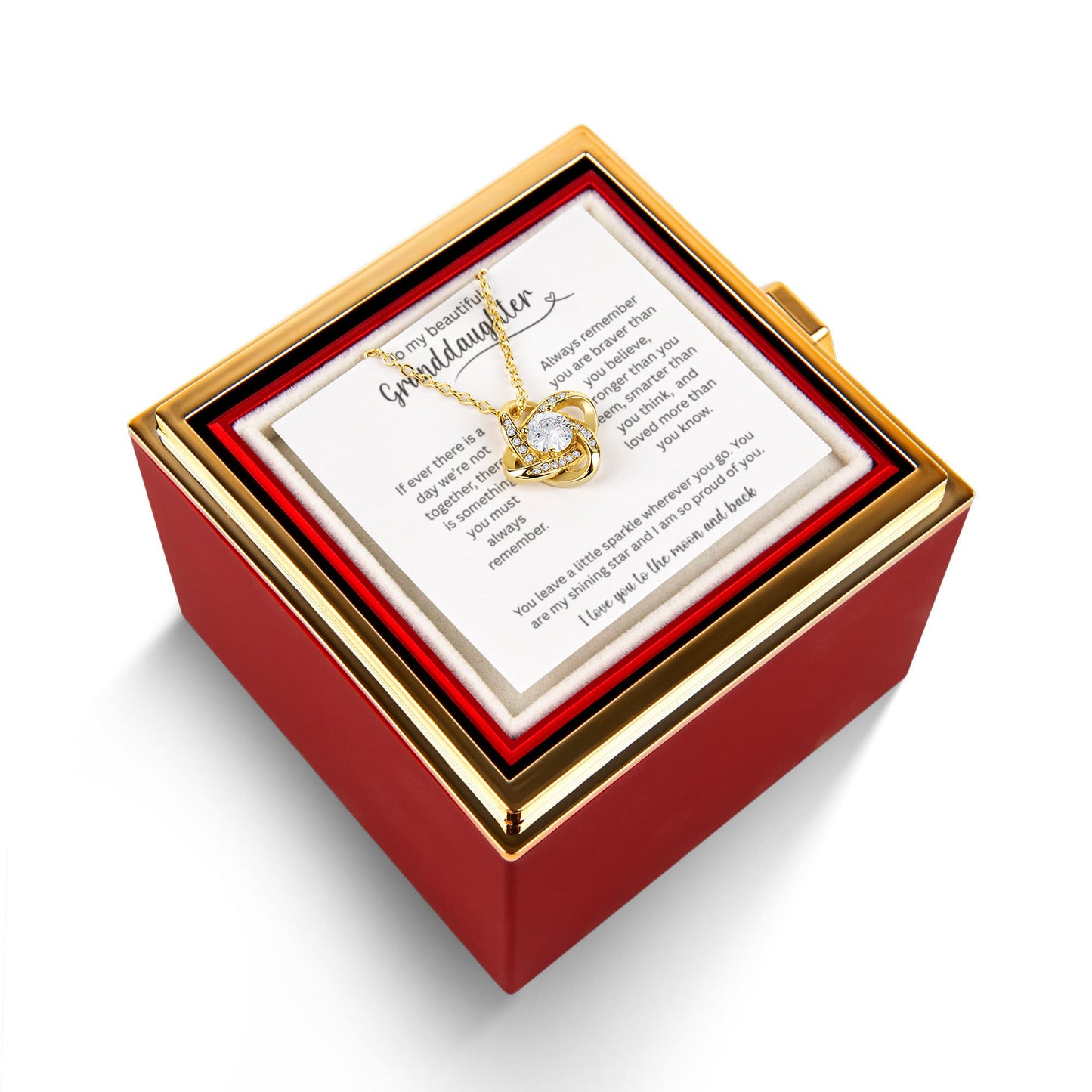 To My Beautiful Granddaughter - I Love You To The Moon And Back - Love Knot with Rotating Rose Gift Box