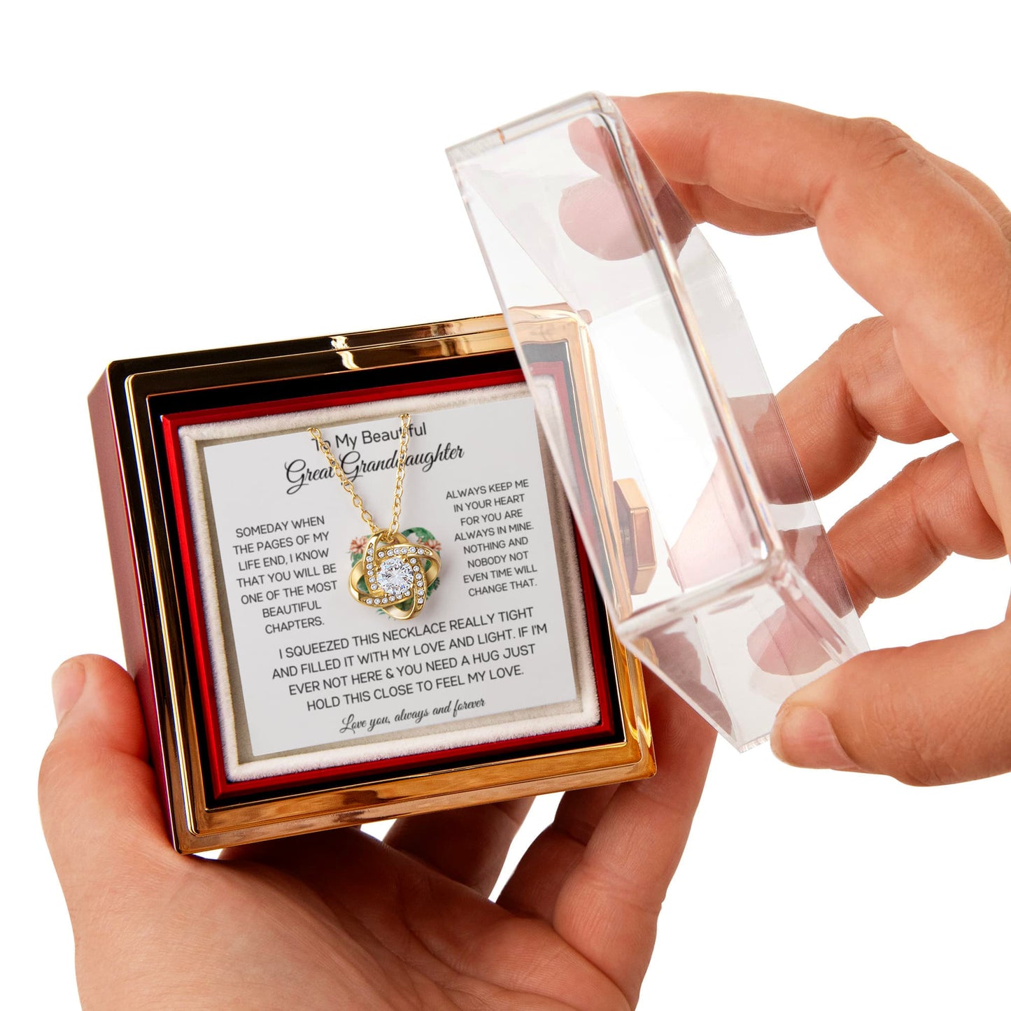 To My Beautiful Great Granddaughter - Always Keep Me In Your Heart - Love Knot with Rotating Rose Gift Box
