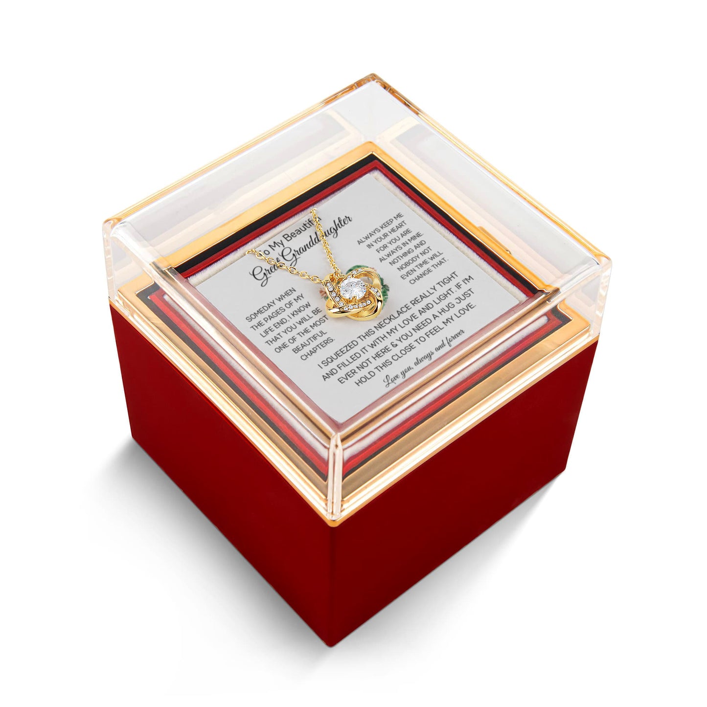 To My Beautiful Great Granddaughter - Always Keep Me In Your Heart - Love Knot with Rotating Rose Gift Box