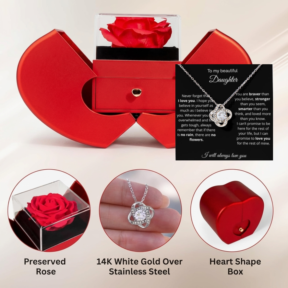 [BESTSELLER] To My Beautiful Daughter - No Rain No Flowers -Love Knot Necklace with Red Heart Rose Box