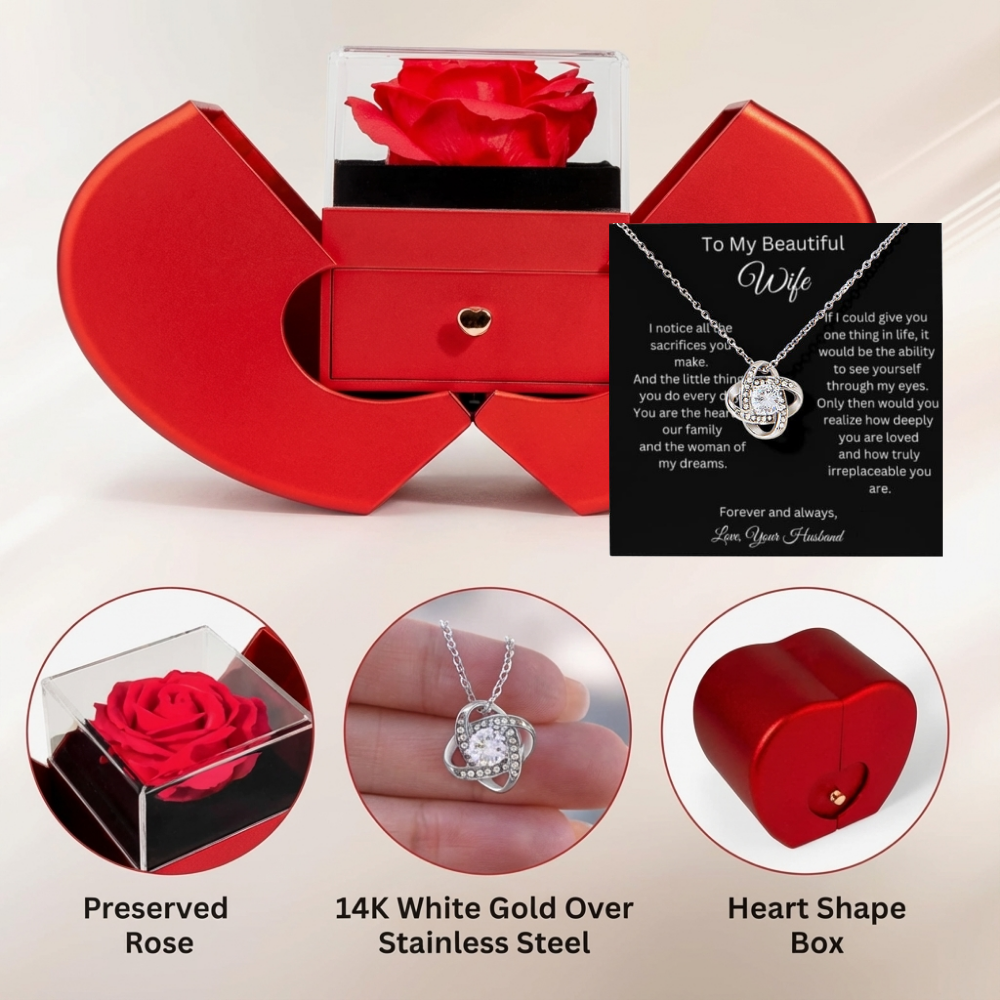 To My Beautiful Wife - Forever And Always - Love Knot Necklace with Red Heart Rose Box