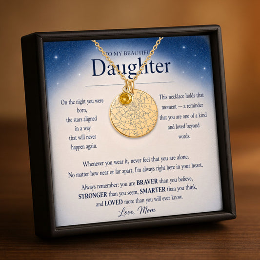 To My Beautiful Daughter | Love, Mom | Personalized Star Map Coin Necklace with Birthstone