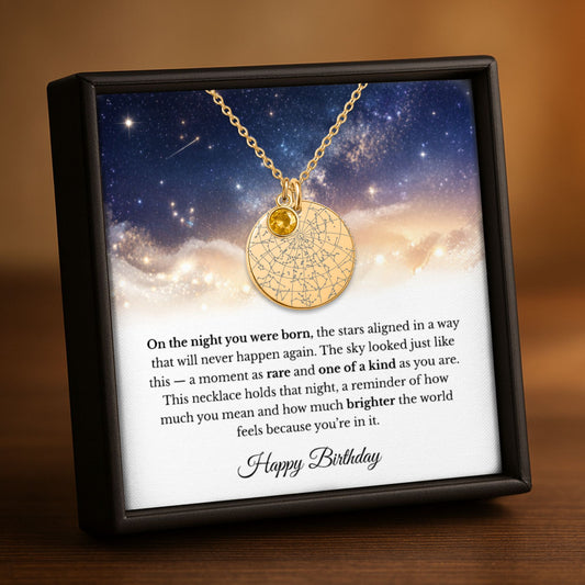 The Stars Aligned | Happy Birthday | Personalized Star Map Coin Necklace with Birthstone