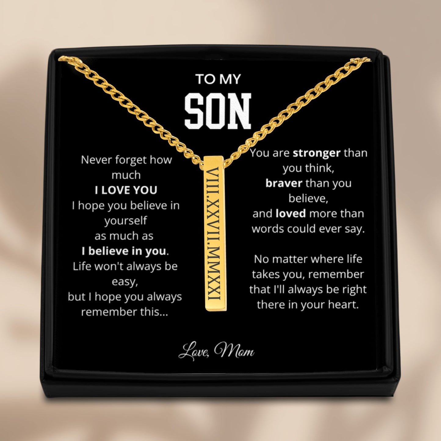 To My Son - Never Forget - Cuban 3D Bar Necklace