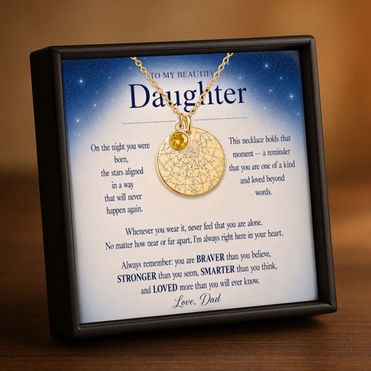 To My Beautiful Daughter | Love, Dad | Personalized Star Map Coin Necklace with Birthstone