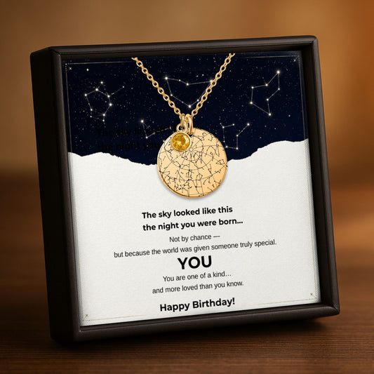 Personalized Star Map Necklace With Birthstone - The Sky