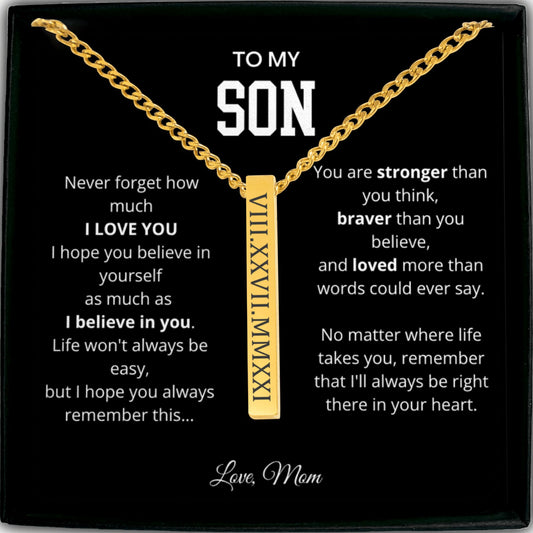 To My Son - Never Forget - Cuban 3D Bar Necklace