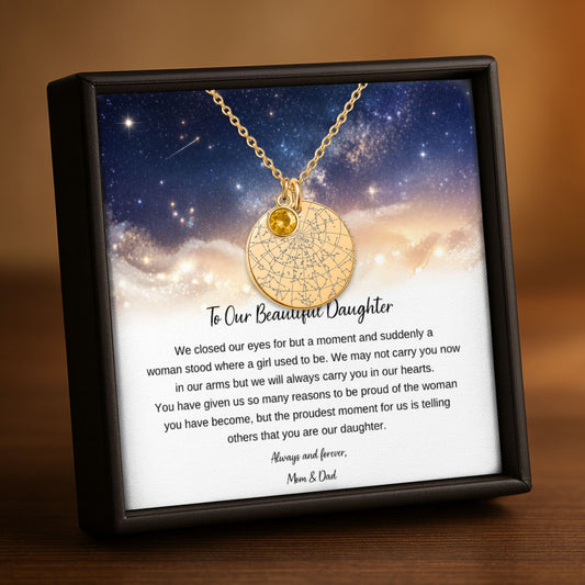 To Our Beautiful Daughter | Always and Forever, Mom & Dad | Personalized Star Map Coin Necklace with Birthstone