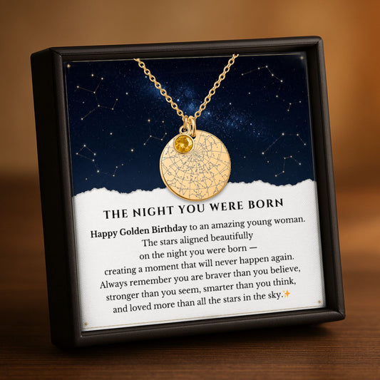Happy Golden Birthday | Personalized Star Map Coin Necklace with Birthstone