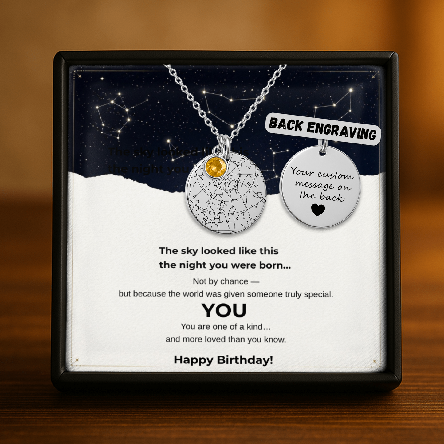 Personalized Star Map Necklace With Birthstone - The Sky