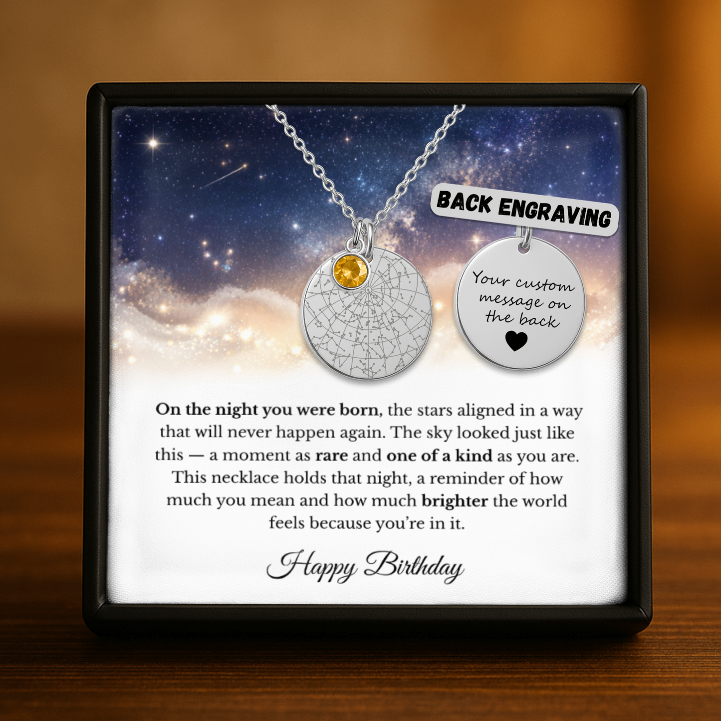 The Stars Aligned | Happy Birthday | Personalized Star Map Coin Necklace with Birthstone