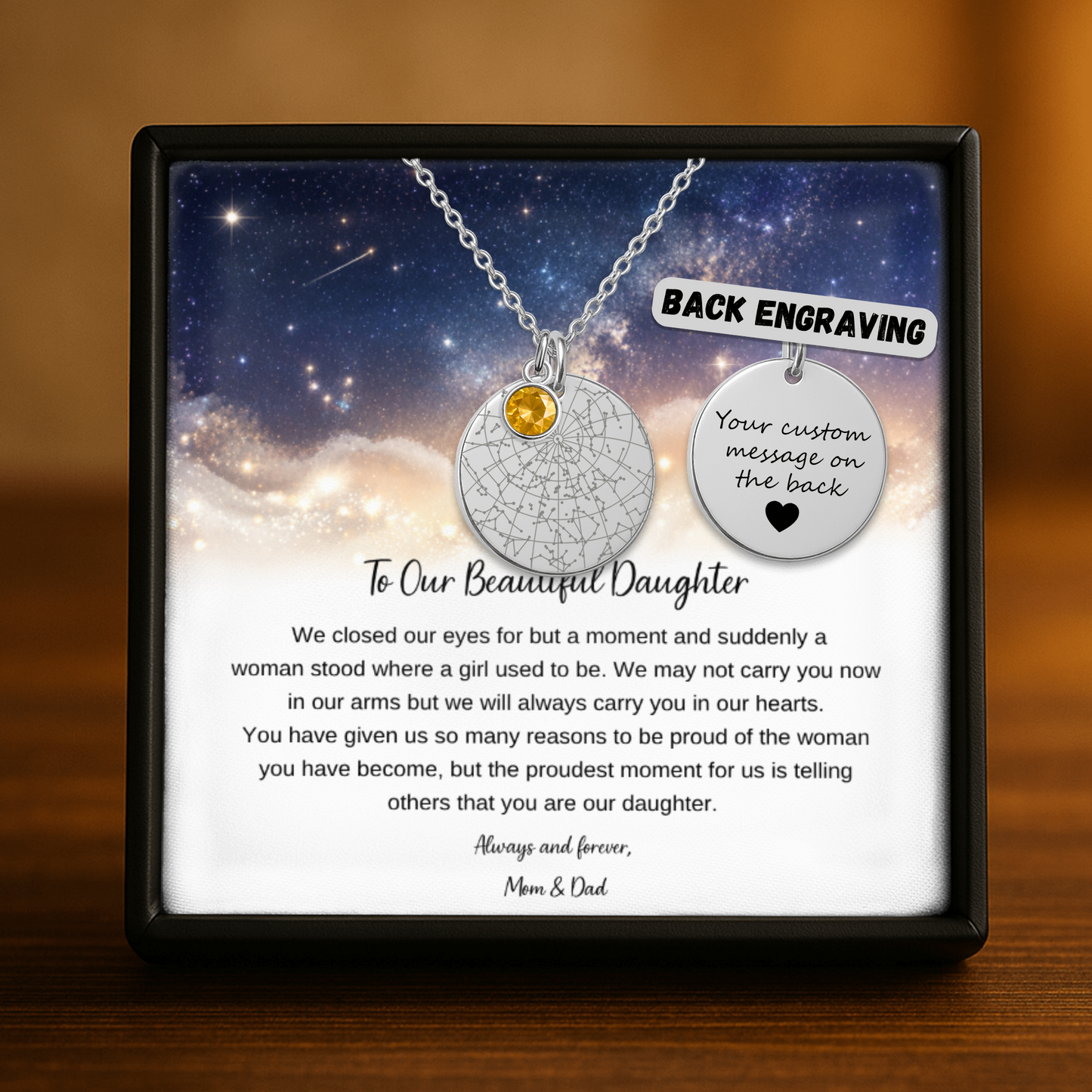 To Our Beautiful Daughter | Always and Forever, Mom & Dad | Personalized Star Map Coin Necklace with Birthstone