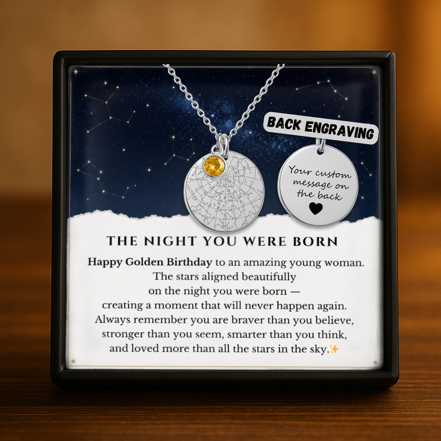 Happy Golden Birthday | Personalized Star Map Coin Necklace with Birthstone