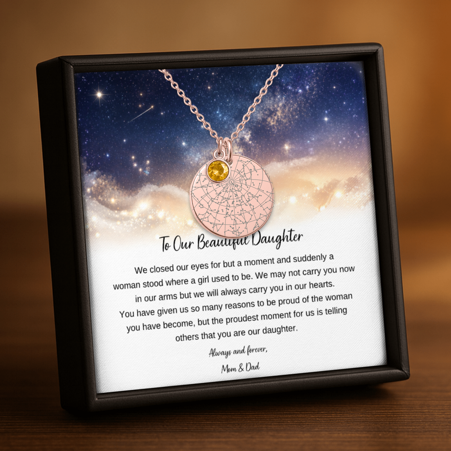 To Our Beautiful Daughter | Always and Forever, Mom & Dad | Personalized Star Map Coin Necklace with Birthstone