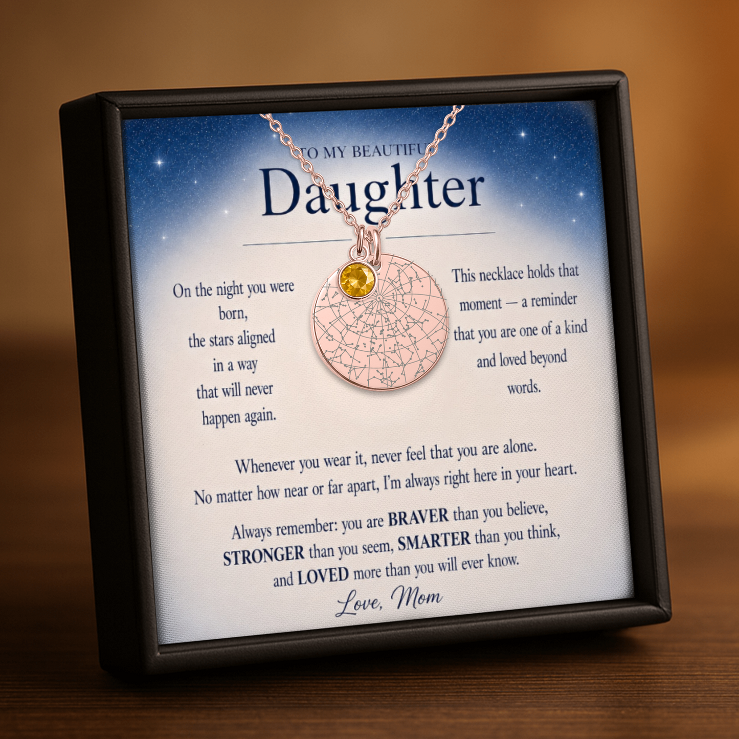 To My Beautiful Daughter | Love, Mom | Personalized Star Map Coin Necklace with Birthstone