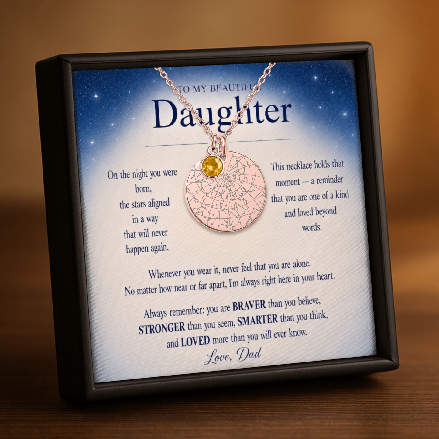 To My Beautiful Daughter | Love, Dad | Personalized Star Map Coin Necklace with Birthstone