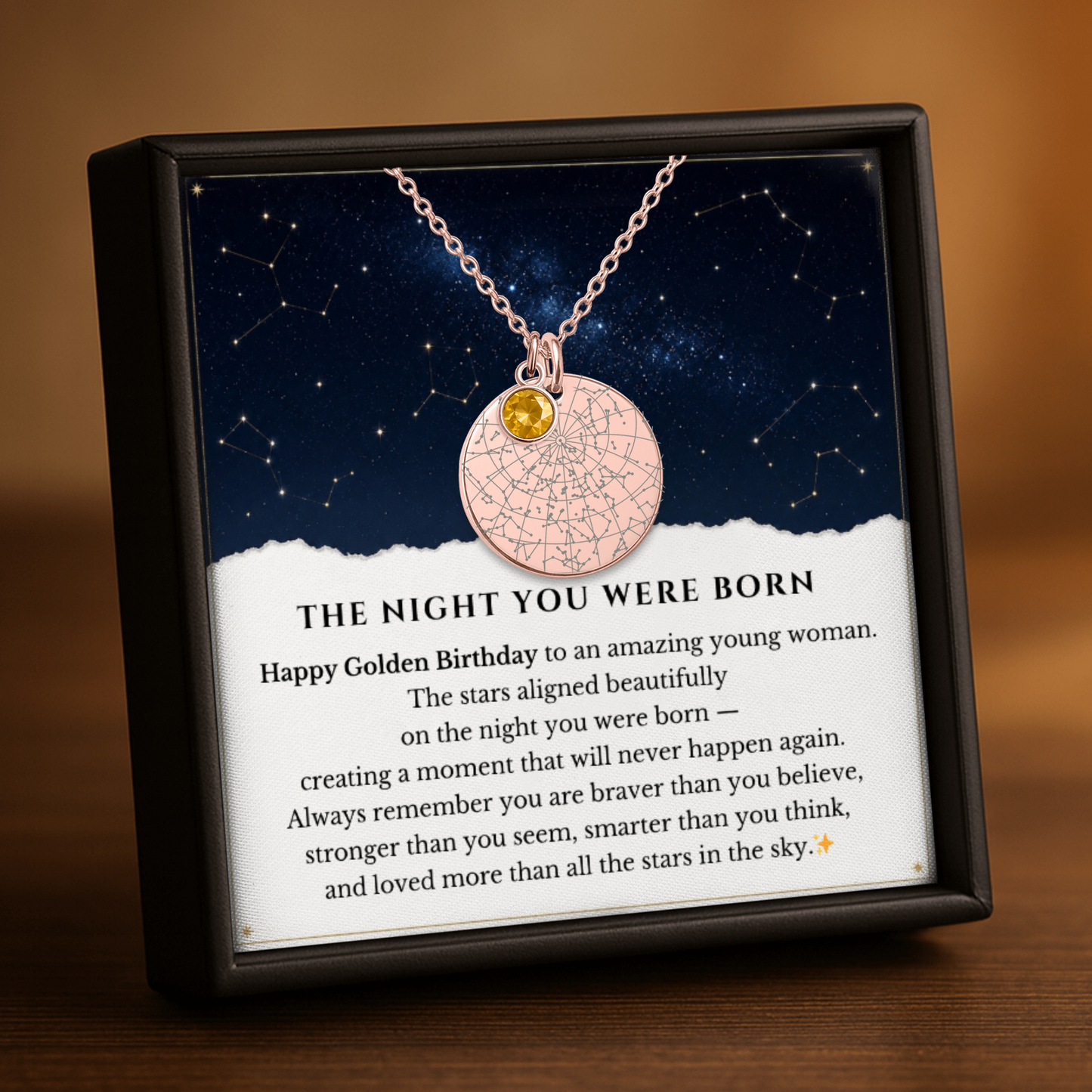 Happy Golden Birthday | Personalized Star Map Coin Necklace with Birthstone