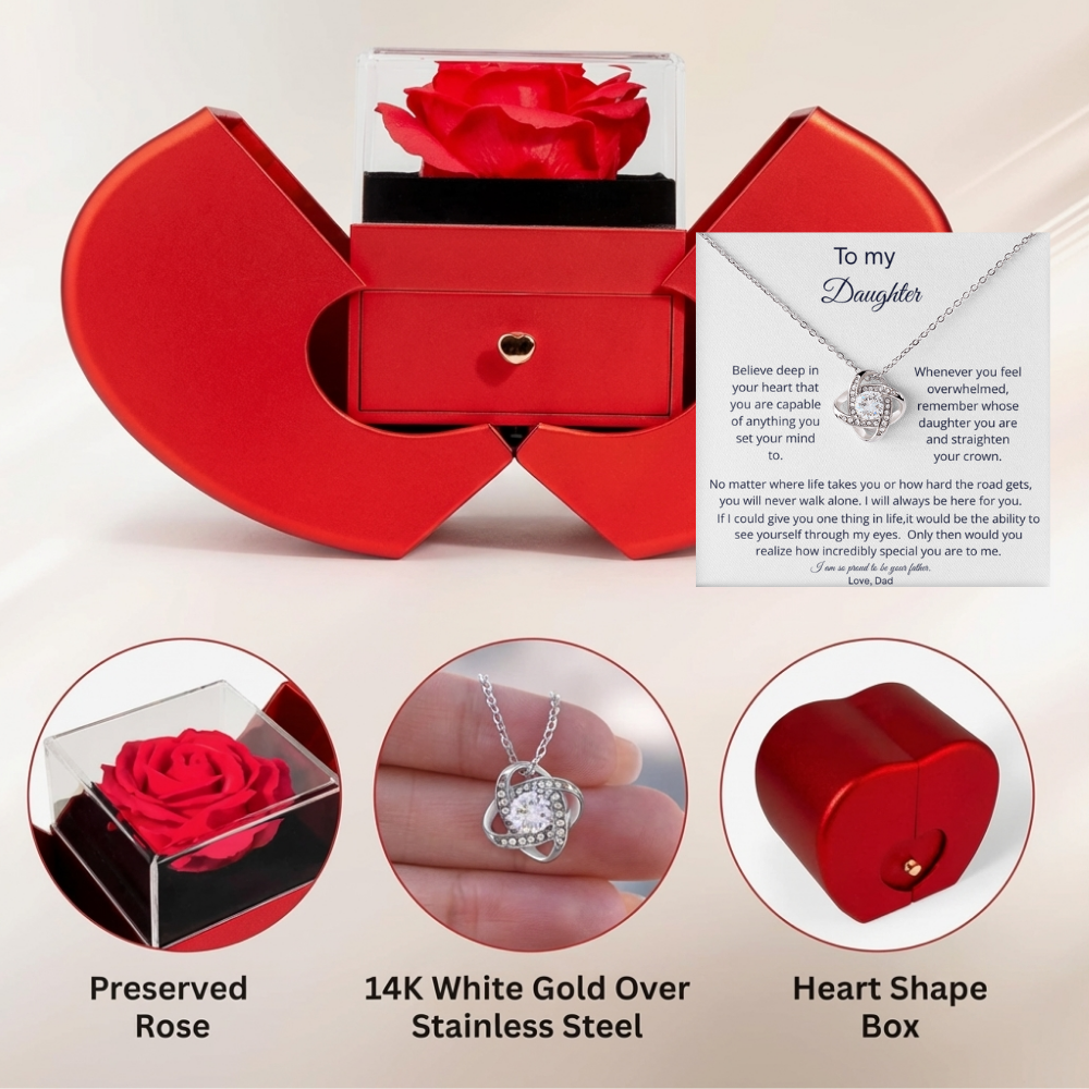 To My Daughter - Straighten Your Crown - Love Knot Necklace with Red Heart Rose Box