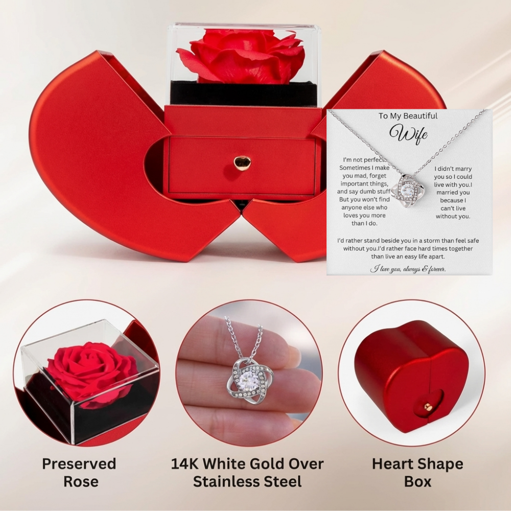 To My Beautiful Wife - I Can't Live Without You - Love Knot Necklace with Red Heart Rose Box