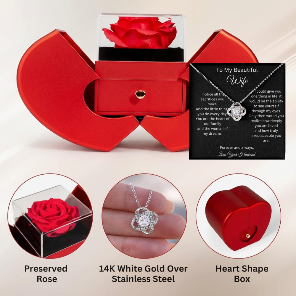 To My Beautiful Wife - Heart Of Our Family - Love Knot Necklace with Red Heart Rose Box