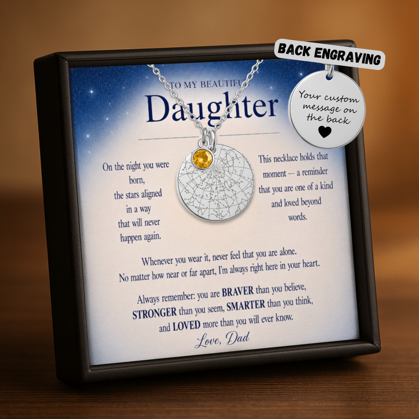 To My Beautiful Daughter | Love, Dad | Personalized Star Map Coin Necklace with Birthstone