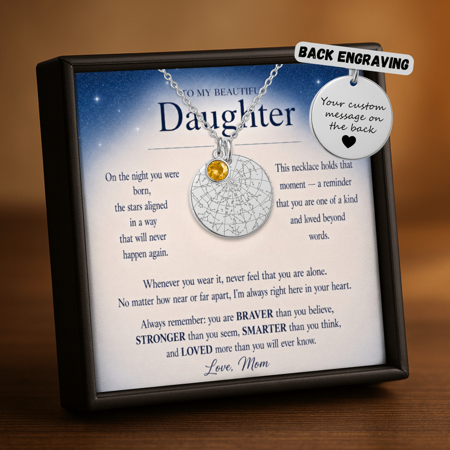 To My Beautiful Daughter | Love, Mom | Personalized Star Map Coin Necklace with Birthstone