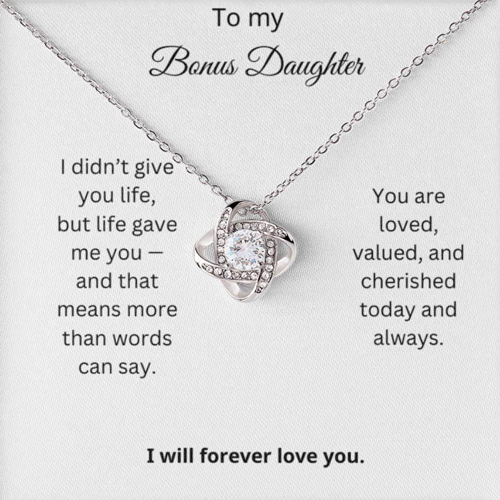 To My Bonus Daughter - You Are Loved -- Love Knot Necklace with Red Heart Rose Box
