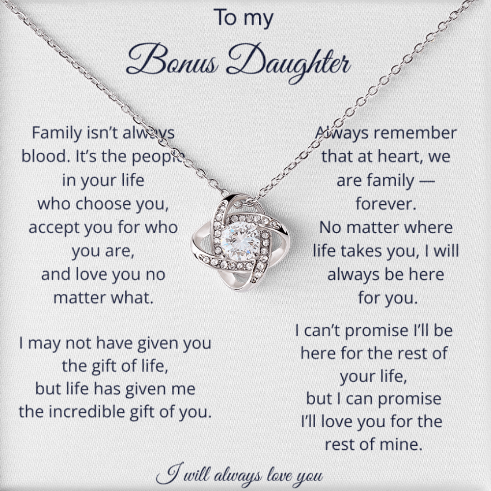 To My Bonus Daughter - We Are Family - Love Knot Necklace with Red Heart Rose Box