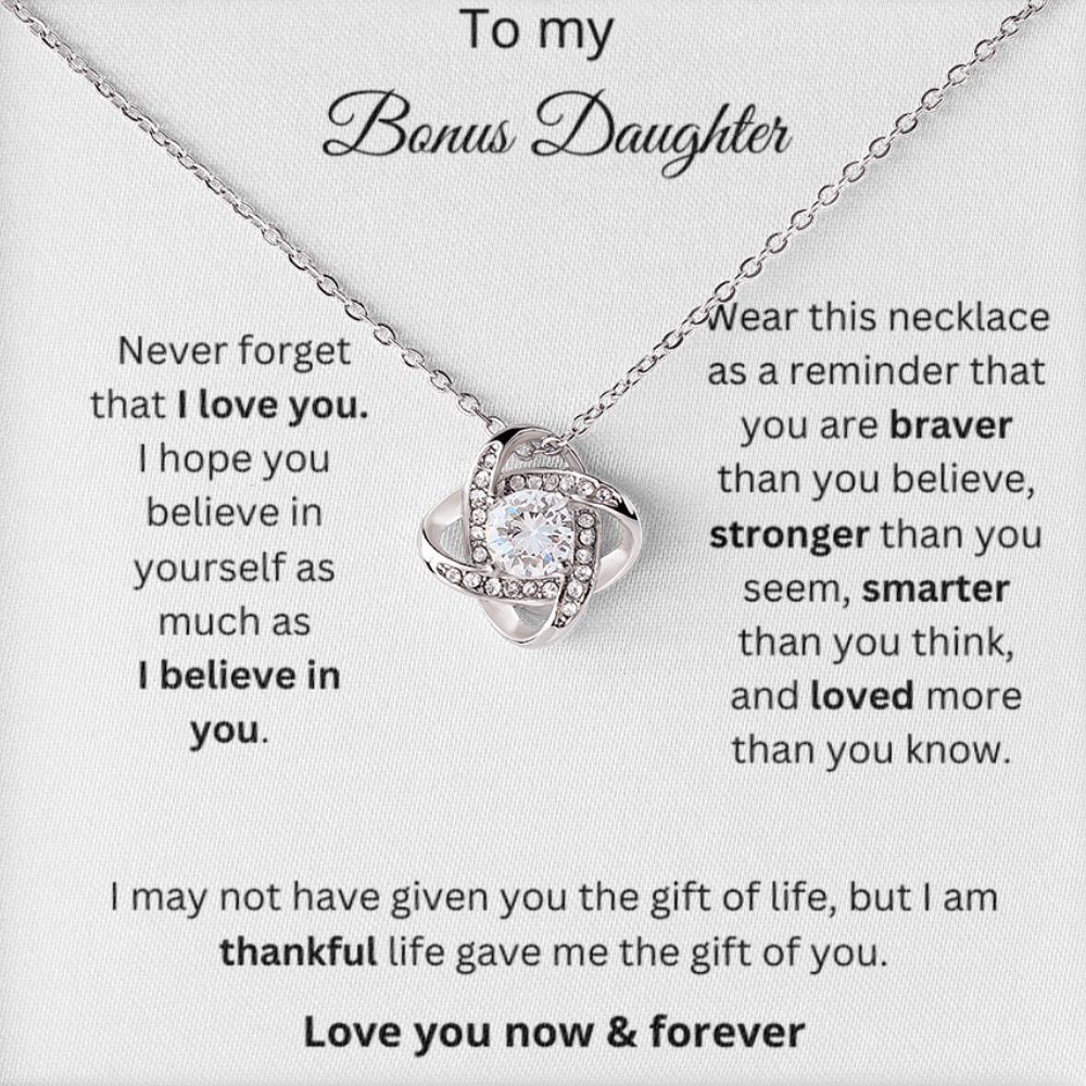 To My Bonus Daughter - Never Forget - Love Knot Necklace with Red Heart Rose Box