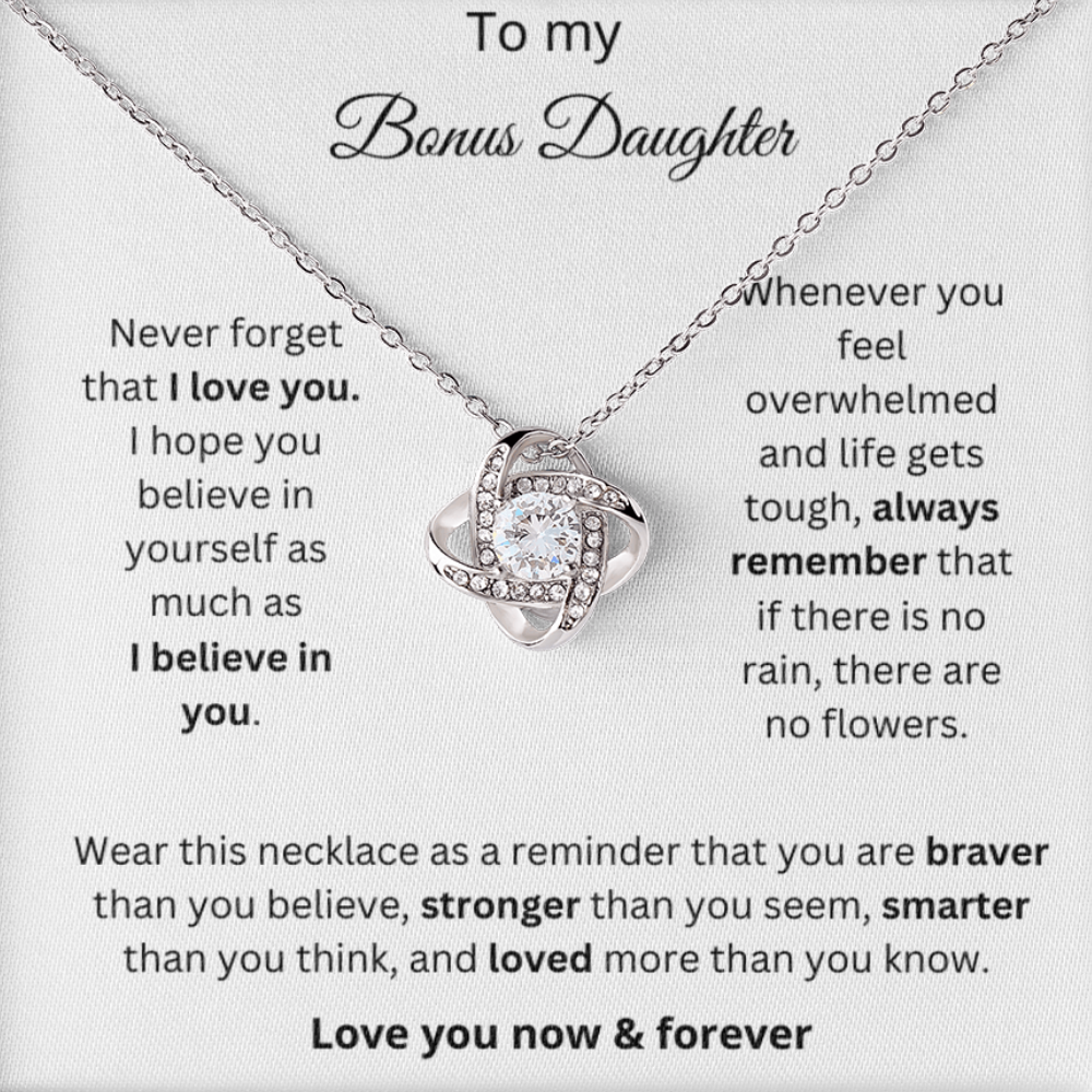 To My Bonus Daughter  - Love You Now & Forever - Love Knot Necklace with Red Heart Rose Box