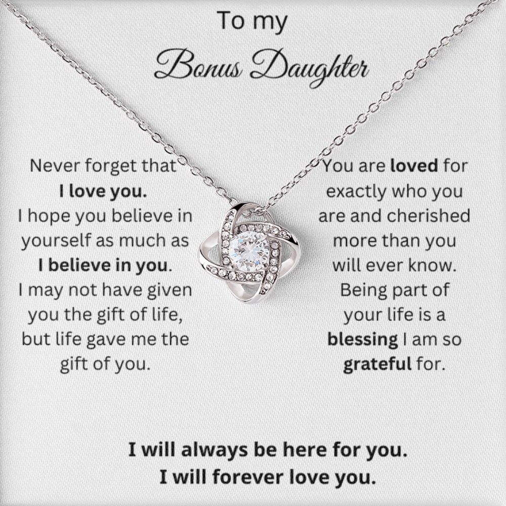 To My Bonus Daughter - I Love You - Love Knot Necklace with Red Heart Rose Box