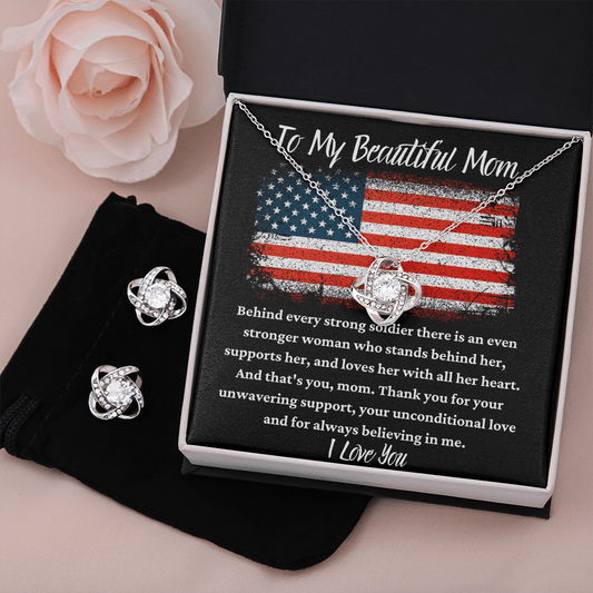 To My Beautiful Mom - Behind Every Soldier - Love Knot Necklace And Earring Set