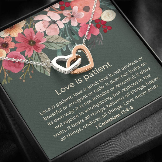 Love Is Patient 1 Corinthians 13 4:8- Interlocking Hearts Necklace