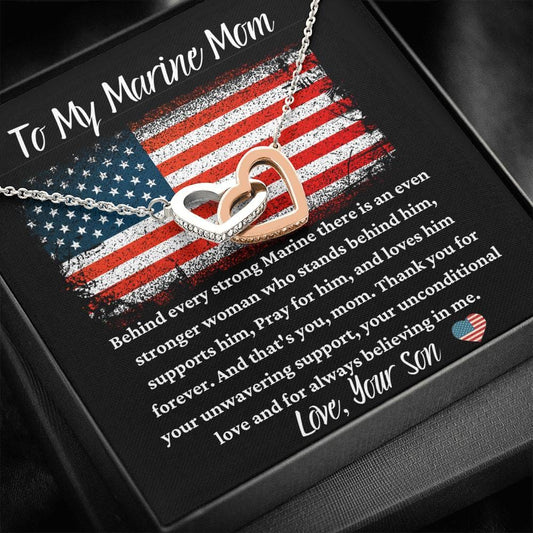 To My Marine Mom - Behind Every Strong Marine - Interlocking Hearts Necklace